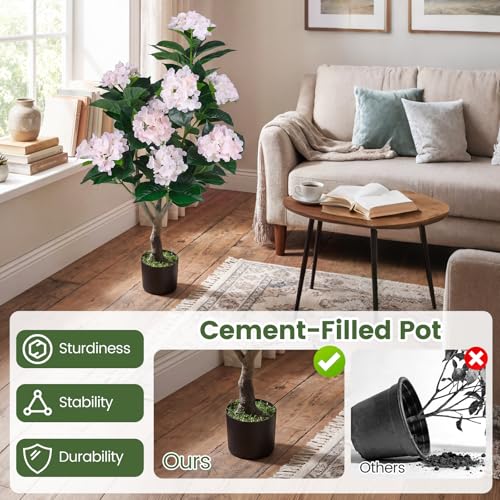 Goplus Artificial Hydrangea Tree, 2 Pack Fake Floral Plant w/11 White Flowers & Realistic Trunk in Plastic Nursery Pot, Indoor Silk Flower Tree for Home Office Living Room Housewarming Gift (Pink) - color: Pink