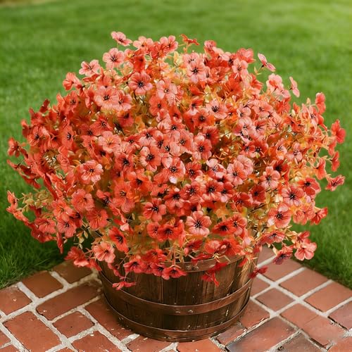 12 Bundles Artificial Flowers for Outdoor UV Resistant and Realistic, Faux Daisy Fake Flowers with Eucalyptus Leaves for Porch, Patio, Planter, Window Box, Home, Garden Decor - color: Autumn Orange