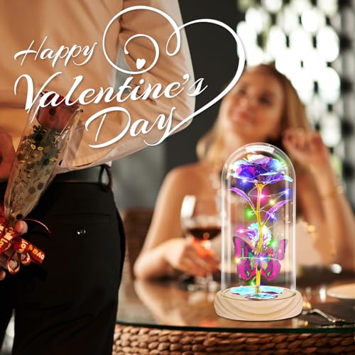 Otlonpe Preserved Artificial Rose Flower Lamp, Forever Women Gifts for Birthday Christmas Valentines Mothers Day, 7.7'' Glass Rose Wood Base Butterfly, Gifts for Mom Grandma Daughter Wife Girlfriend - color: Wood Purple