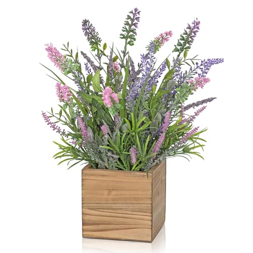 DILATATA Rustic Lavender Flowers Artificial Lavender Decor Fake Lavender Plant in Wooden Pot Faux Plants for Home Bathroom Table Centerpieces Wedding Decor Potted Lavender Flower Purple Decor - size: 13" W.P