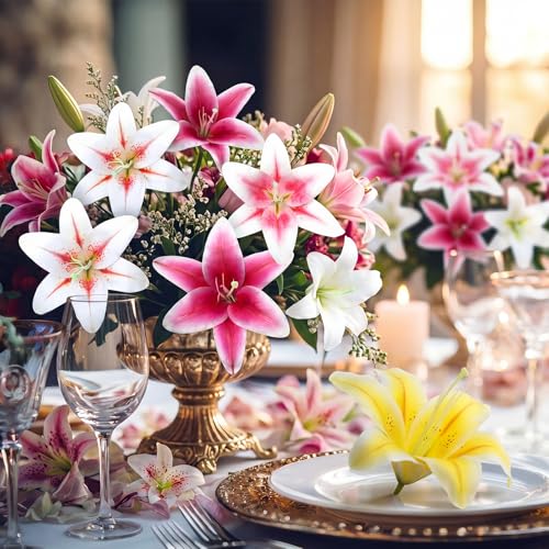 Suncalla 30 Pack Large Artificial Lilies Flower Heads with Realistic Stamens 5.9" Faux Fake Lily Flower Heads Bulk for DIY Crafts Cake Wedding Bridal Wreaths Table Home Party Decor (Multicolor) - color: Multi Color