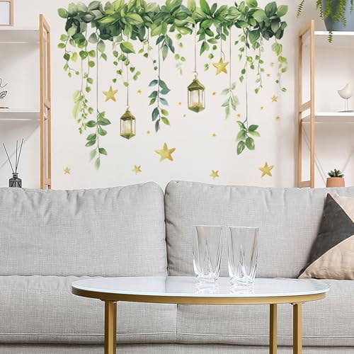 Green Plants Leaves Wall Decals Removable Hanging Vines Wall Stickers Peel and Stick Vinyl Waterproof Wall Decor for Bedroom Living Room Bathroom Classroom Decorations - style: Green Plants