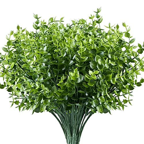 10PCS Artificial Eucalyptus Plants,Fake Boxwood Shrubs UV Resistant No Fade Faux Plastic Greenery for Wedding Bridal Bouquet Indoor Outdoor Home Garden Kitchen Office Table Vase(Green) - color: Green