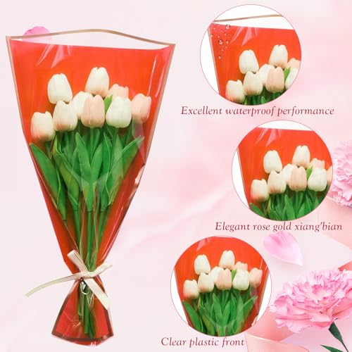 Wzifyf 50 PACK Flower Bags for Bouquets Flower Bouquet Holders Red Floral Wrapping Paper flower Sleeves Build Your Own Bouquet Bar with 72 Ft Ribbons for Valentine's Day Packaging Supplies - color: Red, size: bouquet wrap