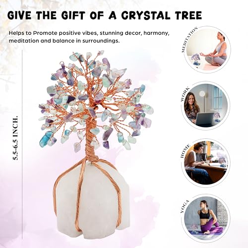 Crocon Fluorite Crystal Tree of Life - Natural Quartz Stone Base, Gemstone for Positive Energy, Feng Shui Decor - Chakra, Copper Wire Money Bonsai, Healing Stones, Luck Gem - Spiritual Gift - color: Ag Fluorite Quartz Base