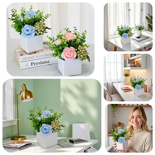 LADADA Artificial Blue Peony Bouquet in Vase, Party Tabletop Centerpiece - color: Blue