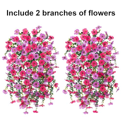 Artificial Faux Hanging Flowers Plants for Outdoor Decor, 2 PCS Outside Fake Silk Violets with Eucalyptus UV Resistant Realistic Daisy Trailing Vines for Planter Balcony Porch Patio Yard, Purplepink - color: Purplehotpink