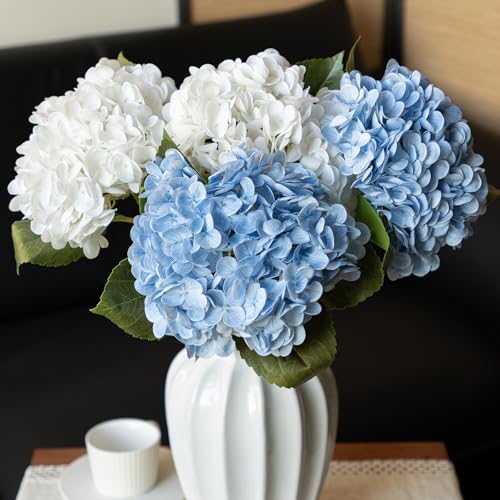 DUYONE 22"Real Soft Touch Hydrangea Artificial Flowers Realistic,Large Long Stem Fake Flowers Full Latex Faux,Wedding Bouquet,Party Home Decor,Garden Office Room Table Centerpieces White 2 Baby Blue 2 - color: 2 White & 2 Baby Blue, size: 4Pcs
