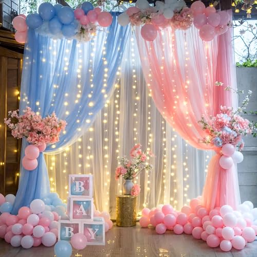 Pink Blue Sheer Tulle Backdrop Curtains with Lights String for Gender Reveal Baby Shower Decorations for Boy or Girl Birthday Party Photo Shoot Backdrop Background Decorations 2 Panels 5×8ft - color: Pink and Blue, size: 10 ft X 8 ft(2 Panels 5ft X 8ft)