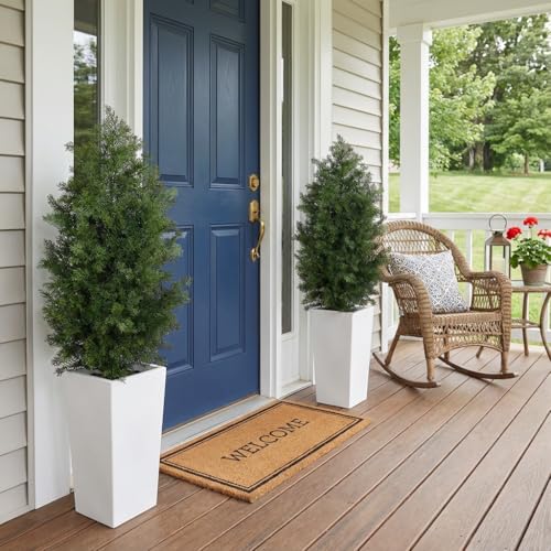 Aveyas 4ft Artificial Cedar Topiary Trees, 4 Feet Faux Potted Plants Evergreen Fake Pine Cypress Tree for Outdoor Porch Home Outside Door Decor (4 ft Tall Including Raised Pot) - Set of 2 Pack - color: Cedar Topiary Trees - 2 Pack (4ft)