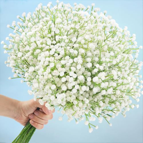 N&T NIETING Babys Breath Artificial Flowers Bulk, 15Pcs Fake Gypsophila Bouquet Flowers Real Touch Faux Babies Breath Arrangement for Wedding Floral Party Home Centerpieces Vase Decoration, White - color: White, size: 15pcs