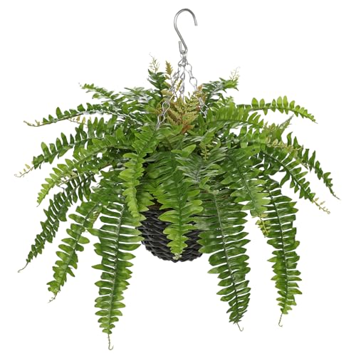Hollyone 21" Artificial Boston Fern Hanging Basket 31 Leaves Fake Ferns in Rattan Pot Medium Greenery Plants for Outdoors & Indoor Faux Fern Bush Basket Plant Patio Garden Home Decor Green - color: Hanging Basket - Green Medium
