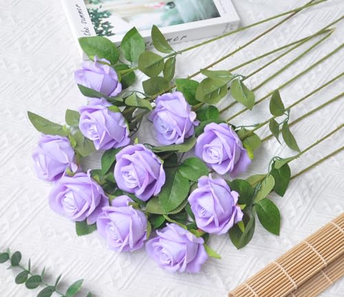 Kenpal Realistic Fake Roses Artificial Flowers with Stem for Decoration Floral Arrangement Centerpieces Wedding Bouquets (10, Lavender) - color: Lavender
