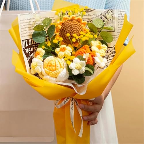 Rimvoe Crochet Flowers Bouquet, Handmade Knitted Sunflower Rose Tulip Puff Flower Bouquet, Gift for Mother Wife on Birthday Valentines Anniversary