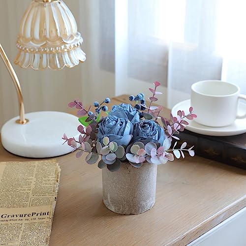 Small Artificial Burnt Blue Rose Potted Plant, 6" Fake Silk Flowers in 3" Cylindrical Pot, Mini Faux Floral Arrangement for Desk Shelf Bathroom Decor - color: Burnt Blue