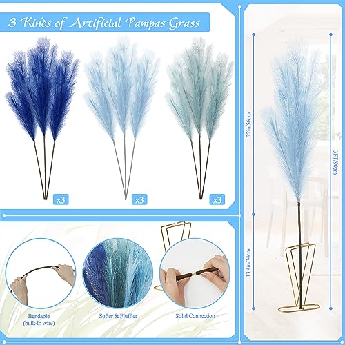 KALYLOC 9Pcs 3FT Colorful Faux Pampas Grass for Boho Decor, Non-Shedding Fluffy Artificial Bulrush, Tall Reed Fluffy Stems Vase Filler Living Room Wedding Decoration (Dark Blue) - color: Dark Blue