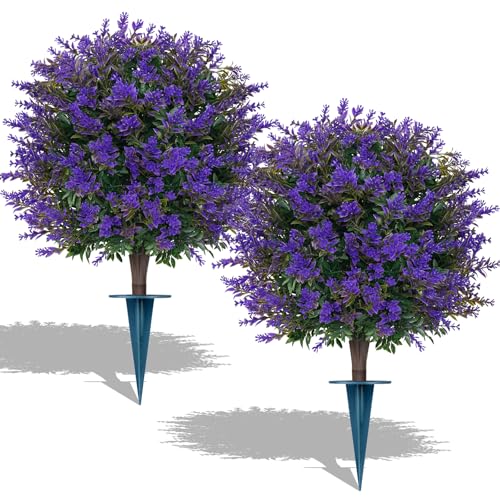 Artificial Lavender Topiary Ball Trees, 2 Set of Boxwood Outdoor Shrubs with Spike, Faux Bushes UV Resistant Fake Plants for Garden Front Porch Indoor Decor - color: Lavender Ball