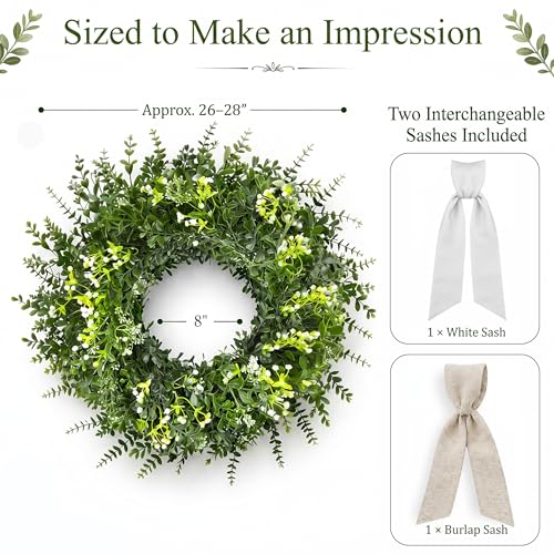 26 Inch Large Artificial Boxwood Wreaths for Front Door All Season, Eucalyptus Wreath with 2 Sashes, Baby's Breath and Flower Buds, Summer Farmhouse Greenery Decor for Outdoor, Porch, Home