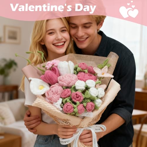 Crochet Flowers Bouquet,Handmade Luxurious Knitted Rose Tulips,Artificial Flower Bouquet for Her, Wife,Lover ,Girlfriend ,Mother, Anniversary,Graduation,Friends,Valentines Day (with Gift Bag&Card) - color: Rose&pink, size: X-Large
