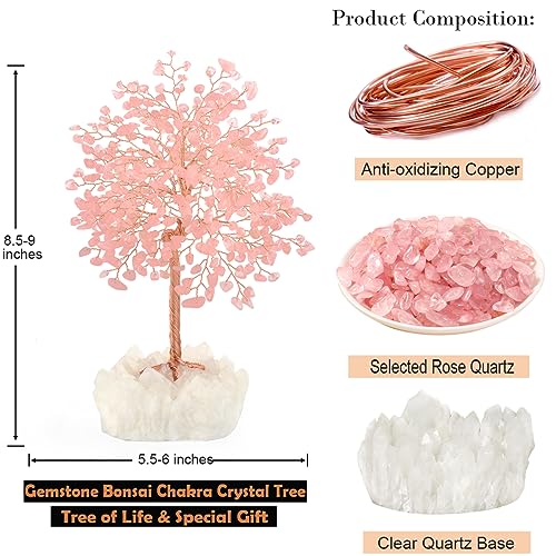Gemstone Crystal Tree of Life,Natural Rose Quartz (406 Stones) with Clear Quartz Base,Chakra Balancing Positive Energy Feng Shui Home Decor Bonsai Money Tree,Birthday Gift 8.5"-9" - color: Rose Quartz Tree With Quartz Base