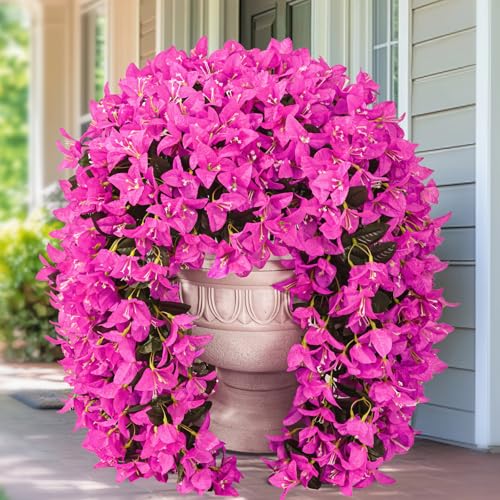 2Pcs Artificial Flowers Fake Hanging Plants for Outdoors | UV Resistant Realistic Silk Bougainvillea for Porch Patio Balcony Decoration (Purple) - color: Purple, size: 8 Pcs