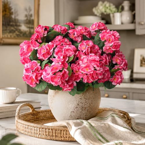 12 Bundles Artificial Geranium Fake Flowers for Outdoor UV Resistant, Outside Spring Pink Flower Decoration for Home Kitchen Table Cemetery Garden Planter, Front Door Silk Faux Plants - color: Rose Pink, size: 12ps