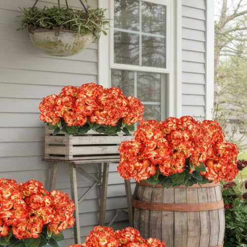 CISDUEO 4 Pcs Artificial Geranium Flowers for Outdoors Silk Flowers Outside Orange Flowers Bush Faux Geraniums for Planters Outdoor Decor Indoor Garden Patio Grave Cemetary Table Centerpiece - color: Orange