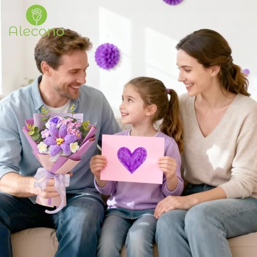 Alecono Crochet Flower Bouquet, Purple Knitted Flowers, Handmade Bouquet of Flowers for Lover Anniversary Birthday Party Mother's Day Graduation Teacher's Day Gifts (Include Card) - color: Purple B