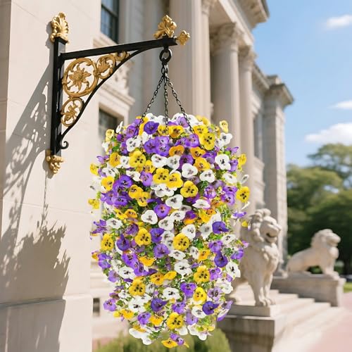 8PCS Faux Hanging Pansy Flowers for Outdoors,UV-Resistant Artificial Plants for Porch, Patio, Garden, Window Boxes, Spring & Summer Decor (Yellow Purple White) - color: Yellow Purple White