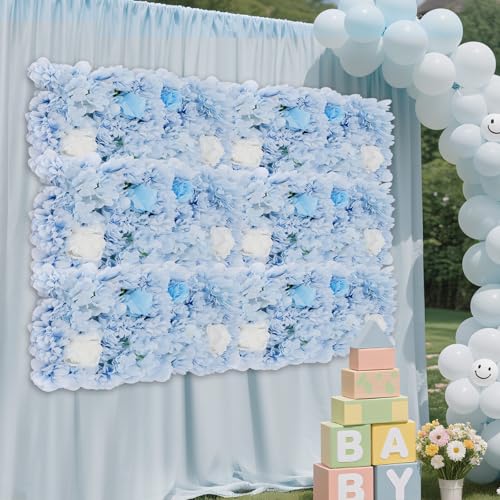 12 Pcs Flower Wall Backdrop,15"x15" 3D Floral Wall Panel,Artificial Silk Flower Wall Background for Wedding Celebrations,Festive Party Backdrops,Home Decor (Blue) - color: Blue