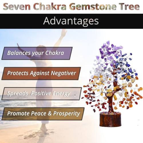 7 Chakra Crystal Tree of Life 10-12 Inch | 300 Natural Gemstone Beads | Healing Crystal Tree with Chakra Bracelet & Pendant | Money Tree, Positive Energy, Good Luck | Birthday Gift for Women - color: Seven Chakra Silver Wire Set (300 Beads)