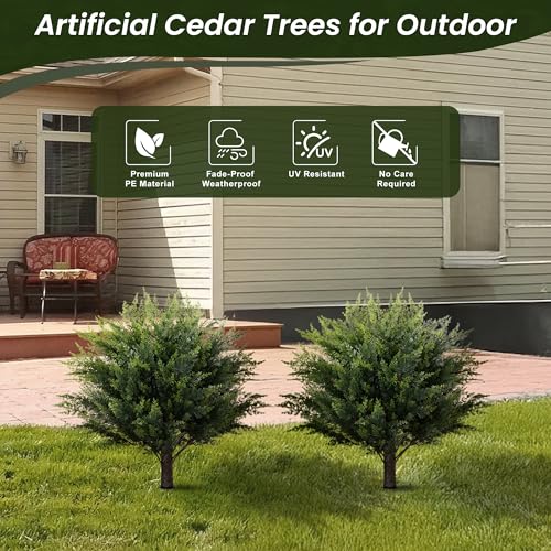 AENTGIU 23.6" Artificial Cedar Topiary Ball Trees, 2-Pack Outdoor Faux Cypress Shrubs with Ground Spikes, UV Resistant Fake Greenery Bushes for Front Porch Planters, Patio, Entryway, Garden Decor