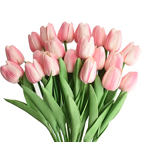 20pcs Artificial Tulips Flowers Fake Faux PU Tulip Bouquet Real Touch Flower Arrangement for Home Room Office Party Wedding Decoration Excellent Gift Idea for Mothers Day (Light Pink 20) - color: Light Pink 20