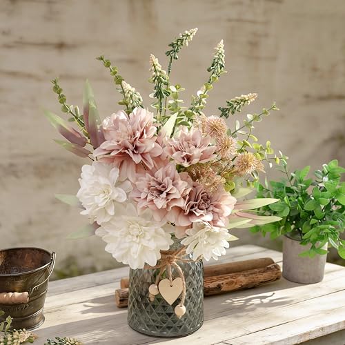 LUEUR Artificial Dahlia Flowers with Vase – Dusty Pink Faux Flower Arrangement, Elegant Floral Centerpiece Table Decorations for Coffee Table, Dining Room, Bedroom, Living Room & Farmhouse Home Decor - color: Dusty Pink
