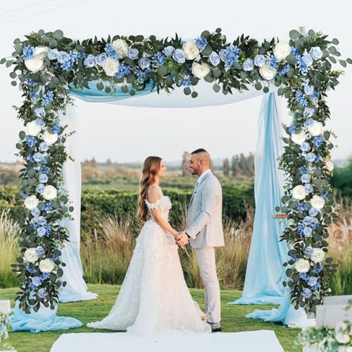 Lvydec 2 Pack Artificial Peony Flower Garland - 6ft Silk Peony Vine Willow Leaves and Eucalyptus Garland White Arch Flower Vine for Wedding Party Table Decoration (Blue) - color: Blue