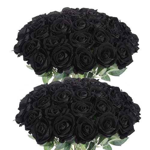 50Pcs Black Roses Artificial Flowers Fake Rose Faux Velvet Silk Flowers for Home Wedding Decoration (Pearl Roses, Black) - color: Pearl Roses - Black 50p