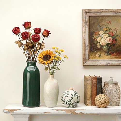 Ceramic Vase Set of 6，Flower Vases for Bouquet，Small Vases for Pampas Grass Dried Flowers，Vintage Vase for Centerpieces，Chinoiserie Decor，Shelf Decor, Table, Living Room Bedroom- Green and Beige