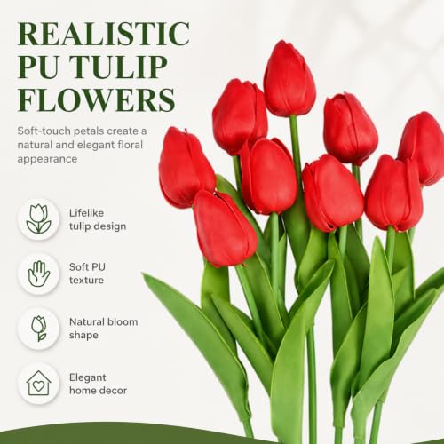 10 Pack Tulips Artificial Flowers PU Faux Flowers Fake Tulips for Home Kitchen Wedding Dining Table Decorations Mother's Day Easter Valentine's Day Decor (Red) - color: Red