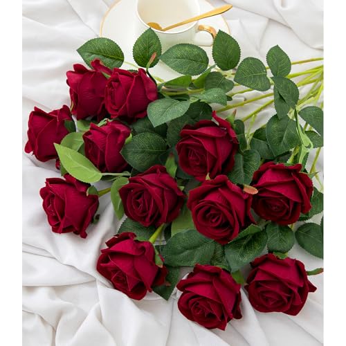 Hawesome 12PCS Artificial Flowers Fake Roses, Realistic Velvet Long Stem Red Roses Bouquet for Wedding Centerpiece Home Decor Party & Valentines (Wine) - color: Wine