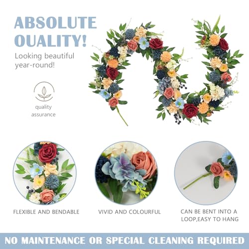 70 Inch Spring Garland - Farmhouse Boho Faux Flower Garland with Roses, Dahlias & Greenery, Hanging Wreath for Wedding Arch, Home Decor, Party Backdrop Spring Front Door Fireplace Table Decor - color: Garland