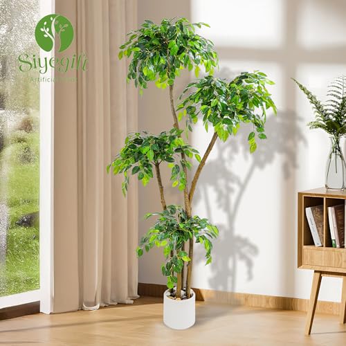 6FT Artificial Ficus Tree with White Planter and Pebbles,Faux Silk Tree with Lifelike Leaves and Realistic Trunk,Tall Fake Potted Plant for Home and Office Décor Indoor and Outdoor (6FT) - size: 6ft
