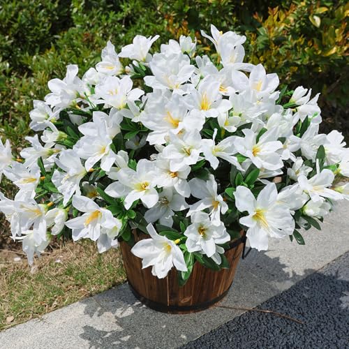 INSPRING Artificial Fake Spring Flowers for Outdoors Decoration, 3 Bundles Faux Azalea Plants Flower Look Real UV Resistant Silk Flowers for Outside Planters Patio Porch Garden Yard Window Home, White - color: White