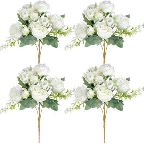 Crowye 4 Bundles Peonies Artificial Flowers Silk Faux Peonies Wedding Artificial Flower Bouquet for Table Centerpiece for Home Wedding Decor Bridal Floral Arrangement(White) - color: White