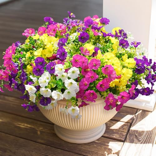 HyeFlora Artificial Flowers for Outdoors Fake Plants Outside Decoration, 12 Bundles Silk Colorful Morning Glory with Eucalyptus UV Resistant Realistic Faux Flowers for Planter Front Door Garden Yard - color: Multi Color(3 Purple, 3 Fuchsia, 3 White, 3 Yel