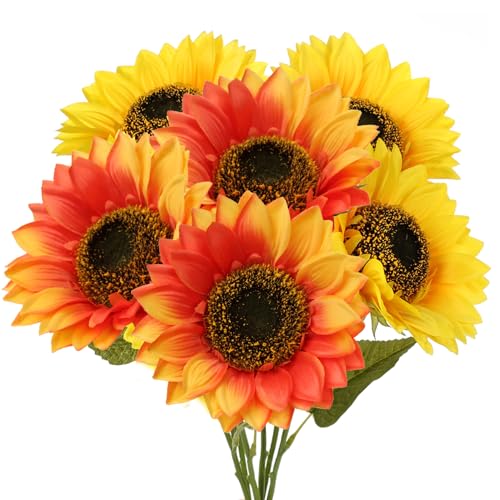 8 Pcs Large Sunflowers Artificial Flowers 6" Full Bloom Long Stem Artificial Sunflower 25.6" Tall Sun Flowers Giant Silk Sunflowers with Stem Fake Sunflower Floral Arrangement for Home Wedding Decor - color: 6"-8pcs-y