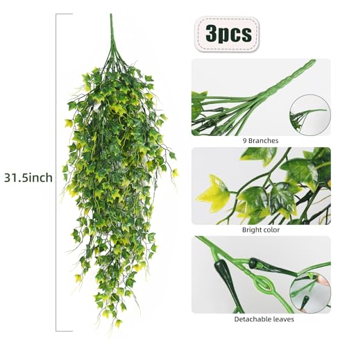 RECUTMS 3Pcs Artificial Hanging Plants Fake Vines for Outdoor Faux Greenery | 31.5'',UV Resistant Trailing Greenery,Fake Yellow Leaves,Faux Ivy Vine for Home Outside Garden Porch Home Office Decor - color: Yellow, size: Hanging Ivy