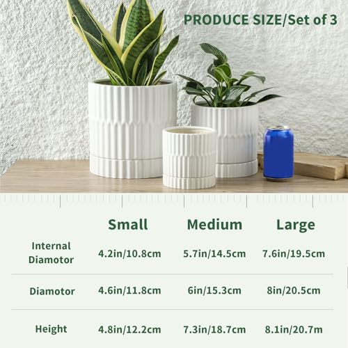 HASENSE Plant Pots - 8+6+4.6 Inch White Vertical Textured Ceramic Planters Set of 3 with Drainage Hole, Decorative Flower Pots for Indoor Plants, Herbs, Succulents, Home Office Desktop Garden Decor - color: Blue (Ribbed)