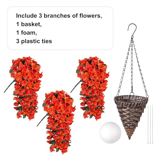 Ivydale Bougainvillea Artificial Hanging Fake Flowers with Basket for Outdoors Decoration, Faux Silk Flowers UV Resistant Fake Plants Long Vines Realistic for Outside Front Door Porch, Orange - color: Orange
