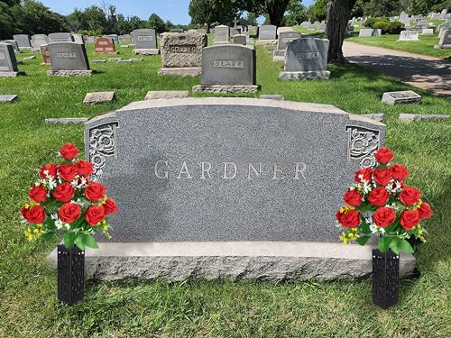 LVXINLI 2 Sets Artificial Cemetery Flowers,Memorial Flowers,Beautiful Arrangements for Headstones,Black Plastic vase with Drainage Hole Long Spikes Outdoor Memorials (red) - color: Red