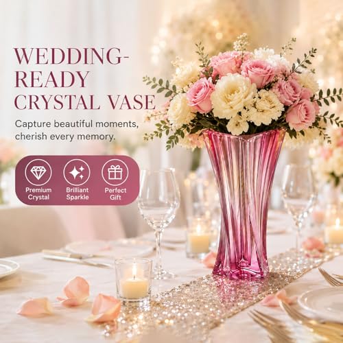 Crystal Glass Vase – Heavy Crystal Vase for Flowers with Weighted Bottom, Thick Durable Decorative Vases for Modern Home Decor, 9.8″ 3.5lb Clear Centerpiece (Gradient Pink X 2) - color: Gradient Pink X 2